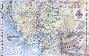 Detailed Illustrated Map of Middle Earth Featuring Gondor, Mordor, and Rohan from Lord of the Rings HD wallpaper