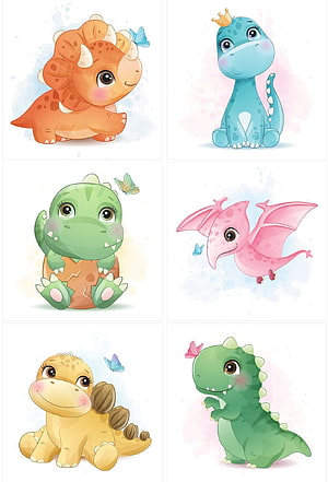 Cute Cartoon Baby Dinosaurs Collection with Butterflies and Crowns HD phone wallpaper
