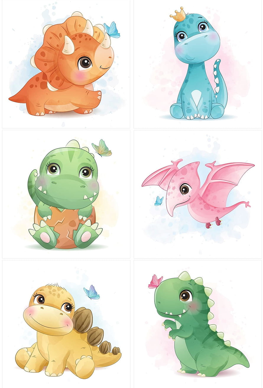 Cute Cartoon Baby Dinosaurs Collection with Butterflies and Crowns HD phone wallpaper