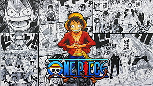 One Piece Monkey D. Luffy Color Illustration Over Black And White Manga Panels HD wallpaper