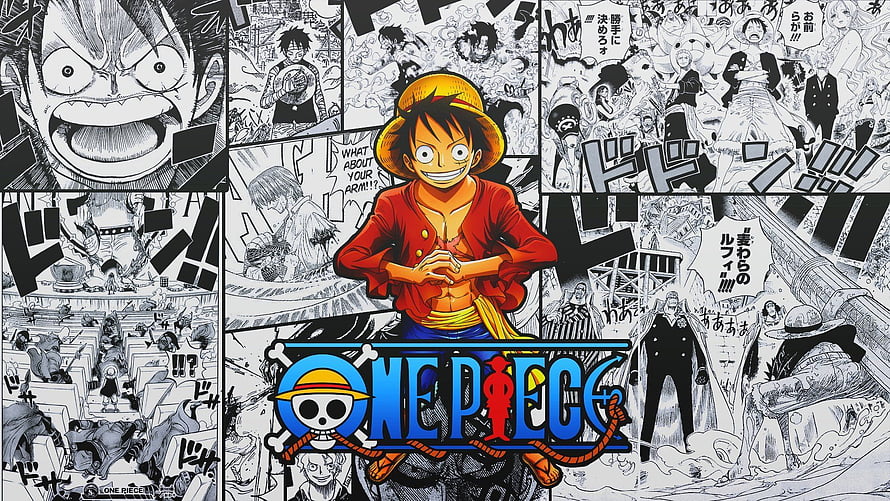 One Piece Monkey D. Luffy Color Illustration Over Black And White Manga Panels HD wallpaper