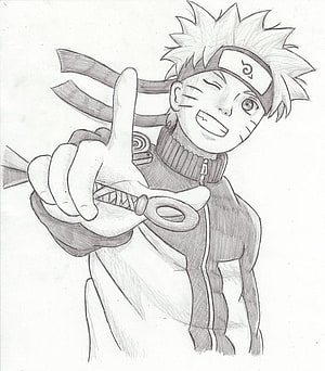 Pencil Sketch of Naruto Uzumaki Winking and Pointing Forward HD phone wallpaper