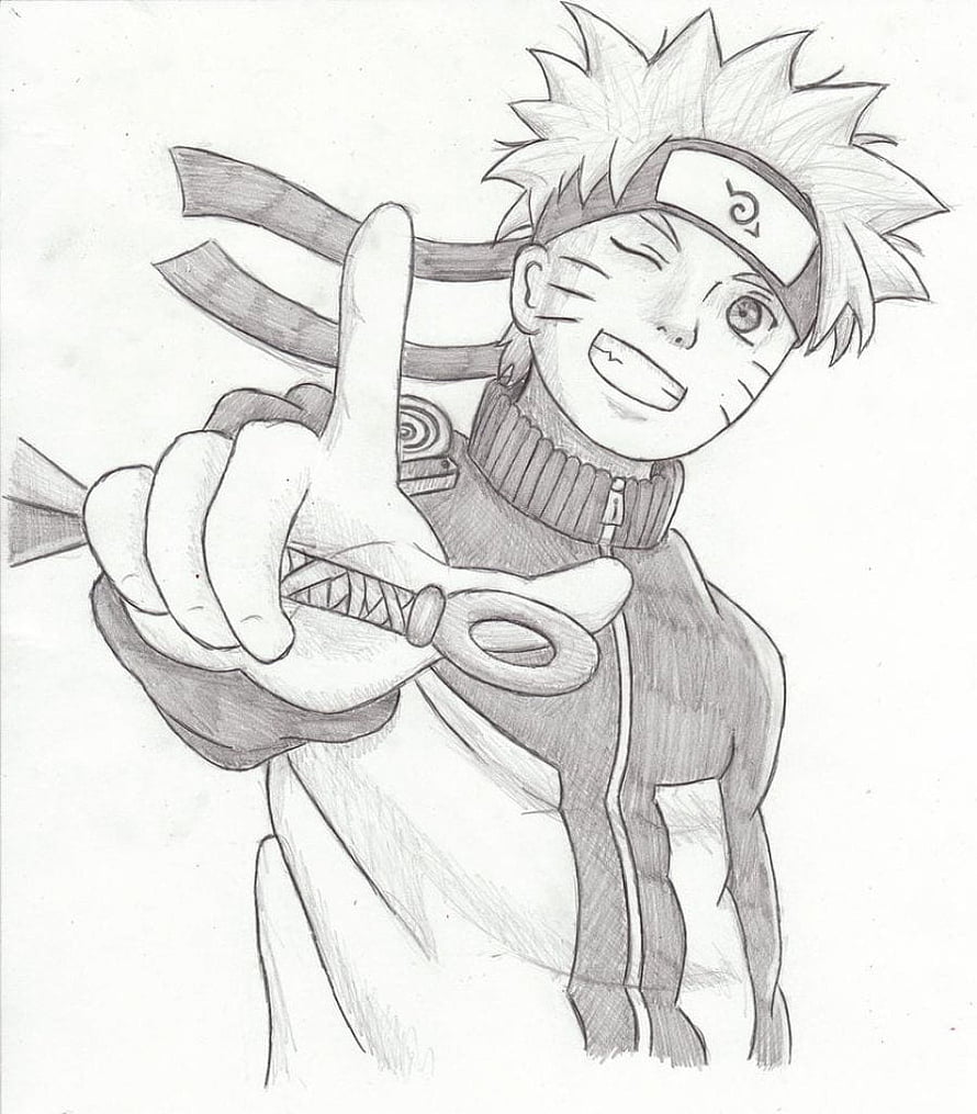 Pencil Sketch of Naruto Uzumaki Winking and Pointing Forward HD phone wallpaper