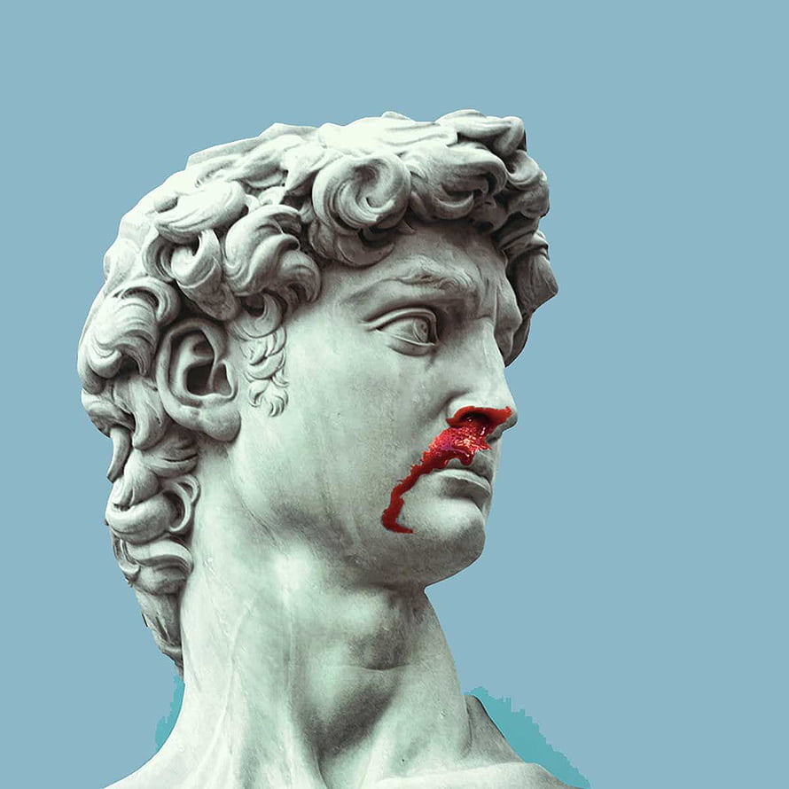 Classical Greek Marble Bust with Red Nose and Dripping Paint on Blue Background HD phone wallpaper