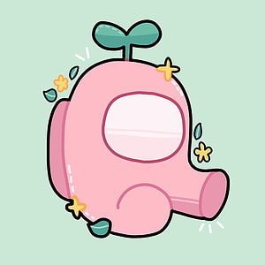 Cute Pink Among Us Crewmate with Sprout and Flowers Kawaii Illustration HD phone wallpaper
