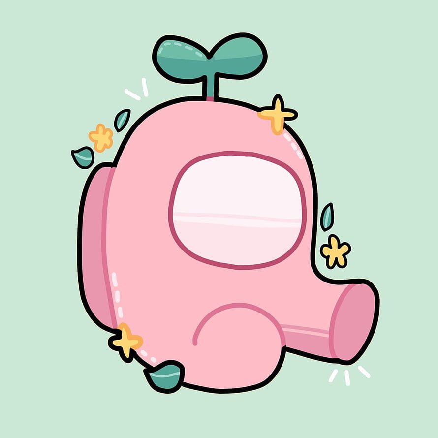 Cute Pink Among Us Crewmate with Sprout and Flowers Kawaii Illustration HD phone wallpaper
