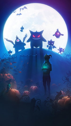 Mega Gengar and Ghost Type Pokemon Silhouetted Against a Full Moon in a Spooky Halloween Scene HD phone wallpaper