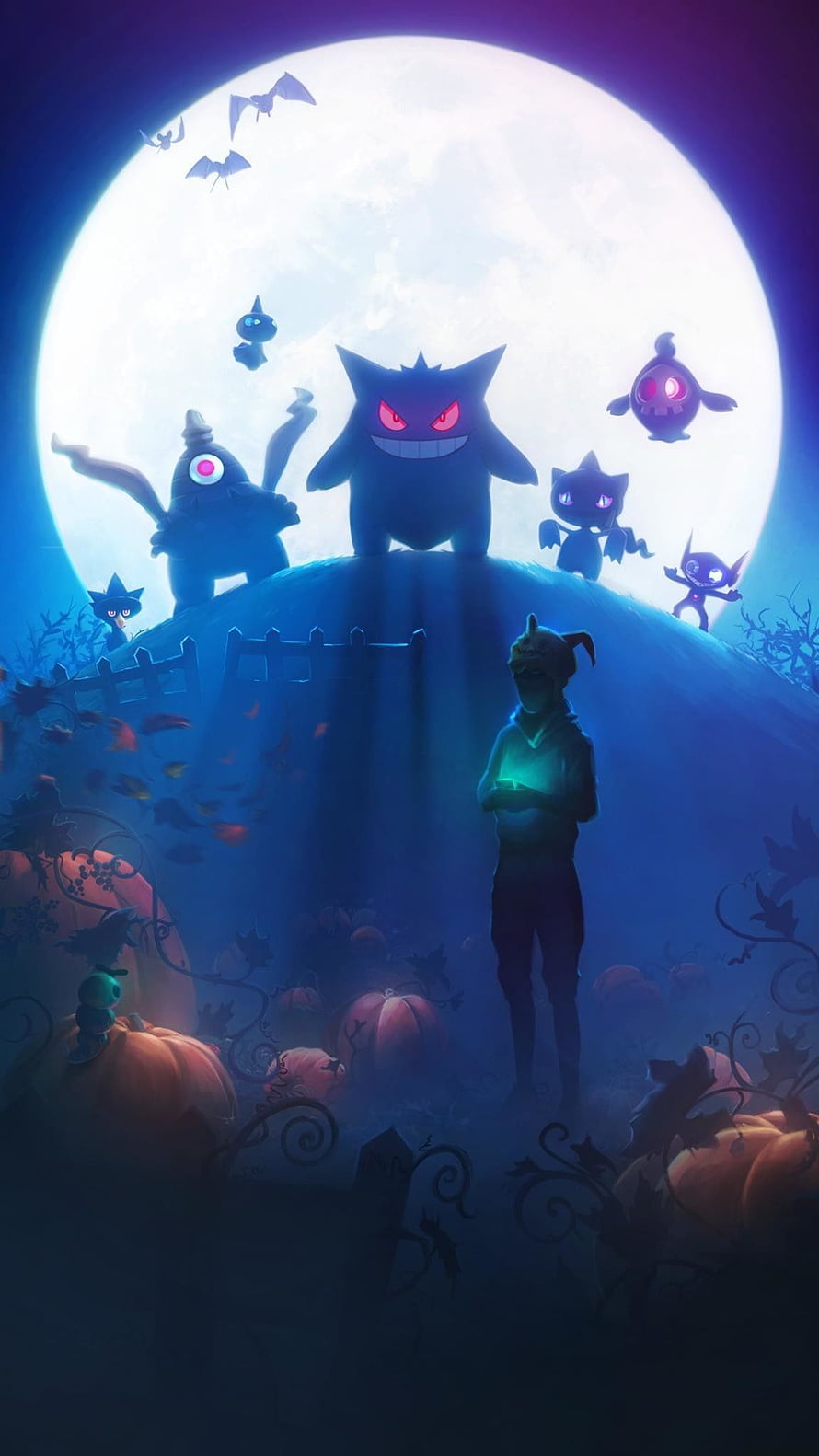Mega Gengar and Ghost Type Pokemon Silhouetted Against a Full Moon in a Spooky Halloween Scene HD phone wallpaper