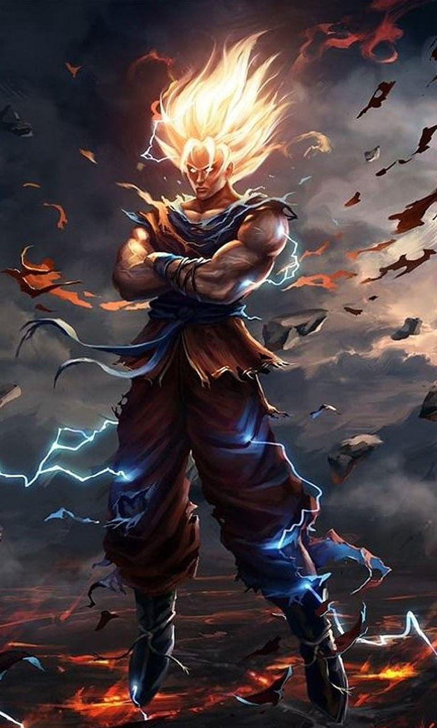 Dragon Ball Z Super Saiyan Goku Digital Art with Lightning and Fire HD phone wallpaper
