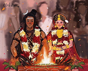 Illustration of Shiva and Parvati Wedding Ceremony with Sacred Fire and Floral Garlands HD wallpaper