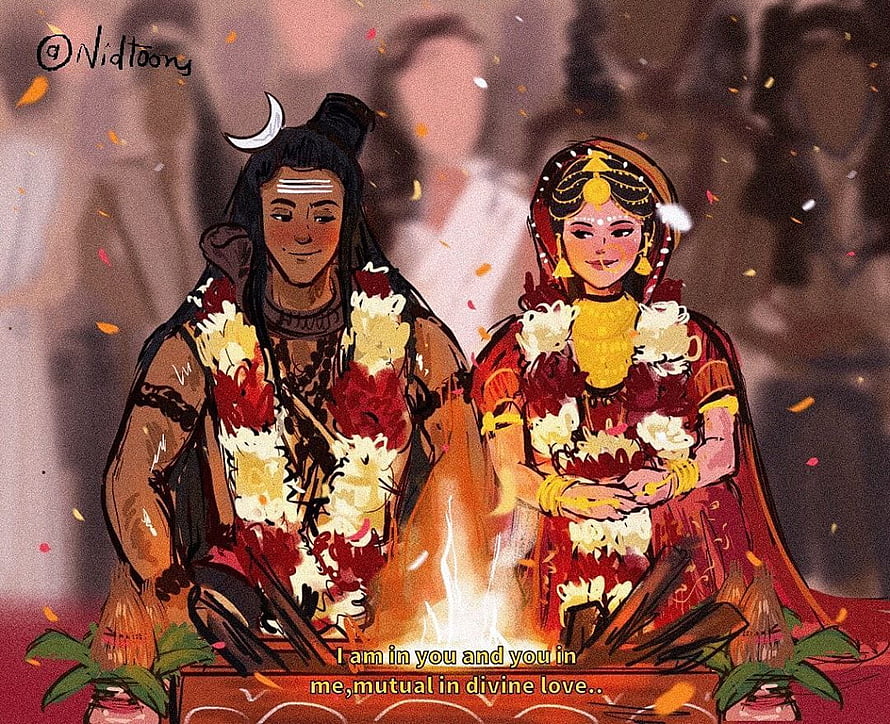 Illustration of Shiva and Parvati Wedding Ceremony with Sacred Fire and Floral Garlands HD wallpaper