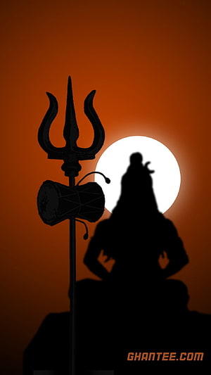 Mahadev Silhouette with Trishul and Damaru Against Full Moon HD phone wallpaper