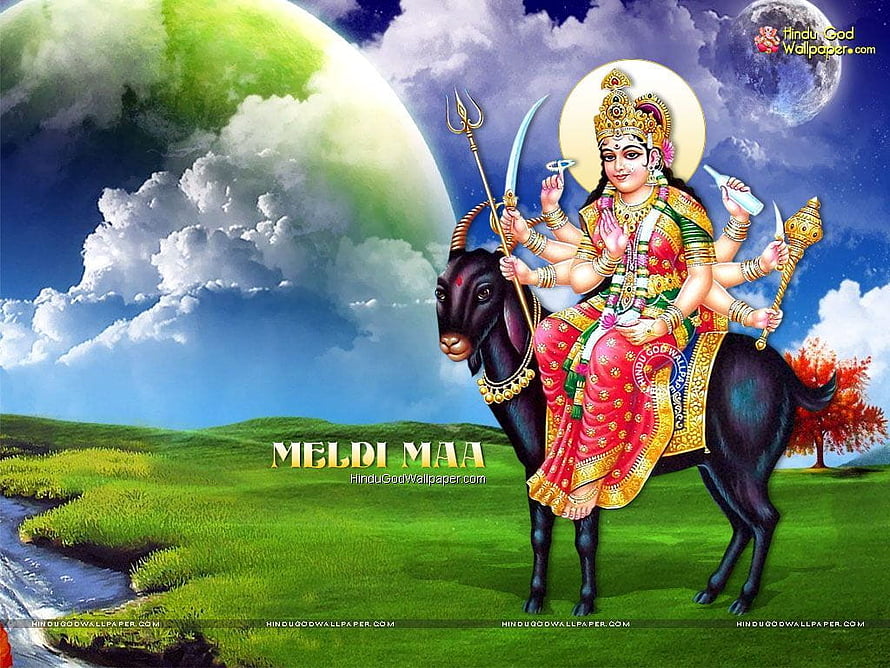 Meldi Maa Hindu Goddess Riding Black Goat with Trident and Sword in Pastoral Landscape HD wallpaper