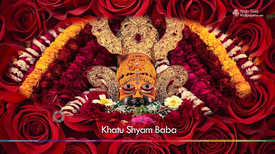 Khatu Shyam Baba Idol Surrounded by Red Roses and Flower Garlands HD wallpaper