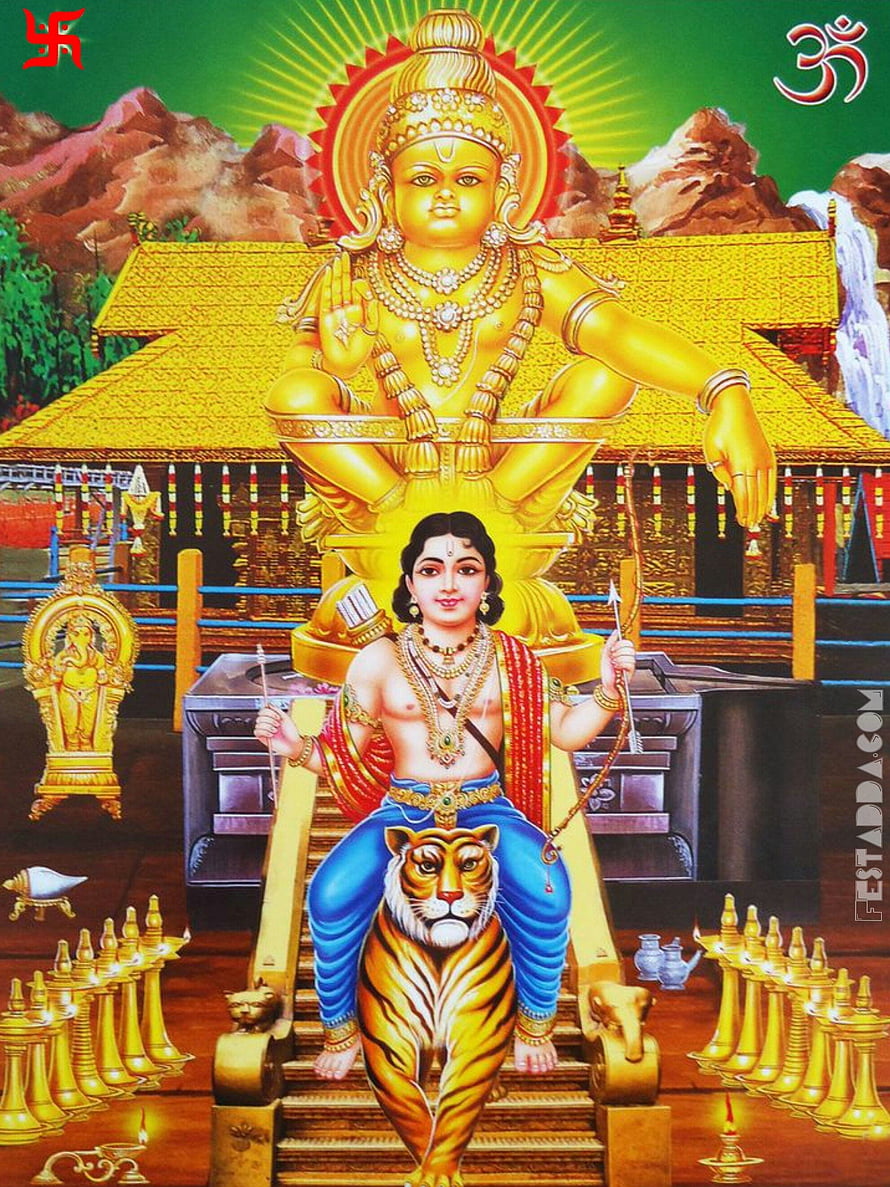 Ayyappa Swamy Seated on Tiger at Sabarimala Temple with Golden Deity and Om Symbol HD phone wallpaper
