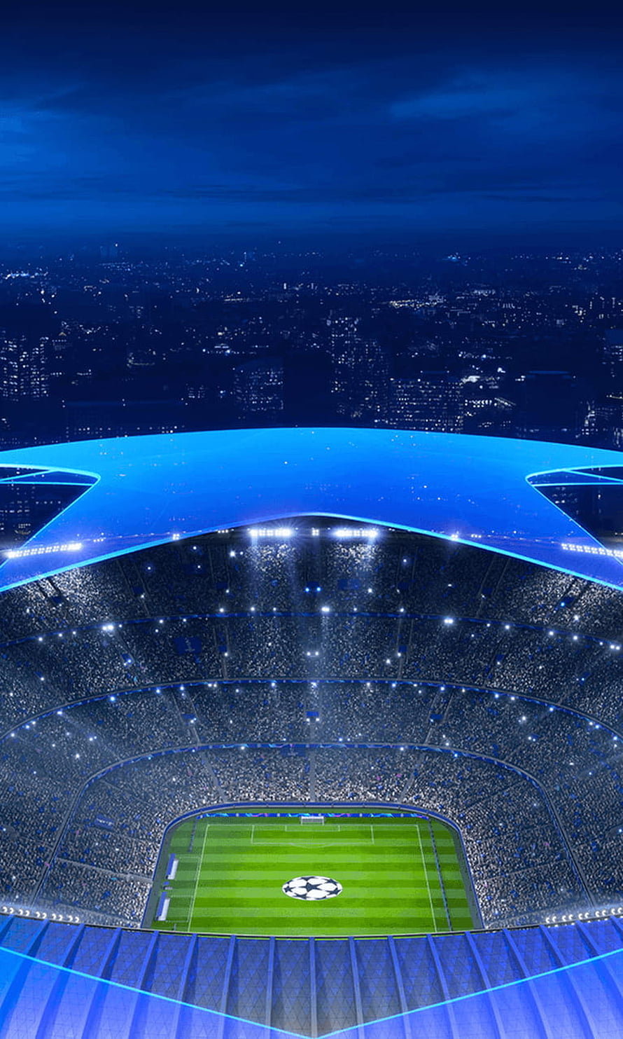 UEFA Champions League Stadium at Night with Glowing Blue Roof and City Skyline HD phone wallpaper