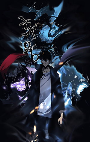 Dark anime male character with glowing blue spirit wolf and mystical energy aura HD phone wallpaper