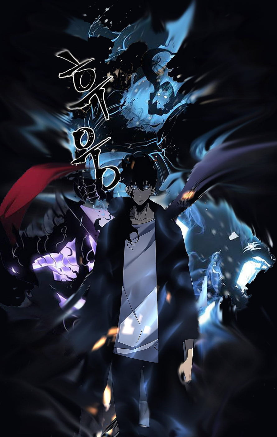 Dark anime male character with glowing blue spirit wolf and mystical energy aura HD phone wallpaper