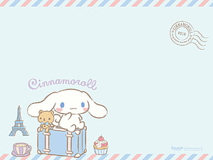 Cinnamoroll Sitting on Blue Suitcase with Teddy Bear and Parisian Café Scene HD wallpaper