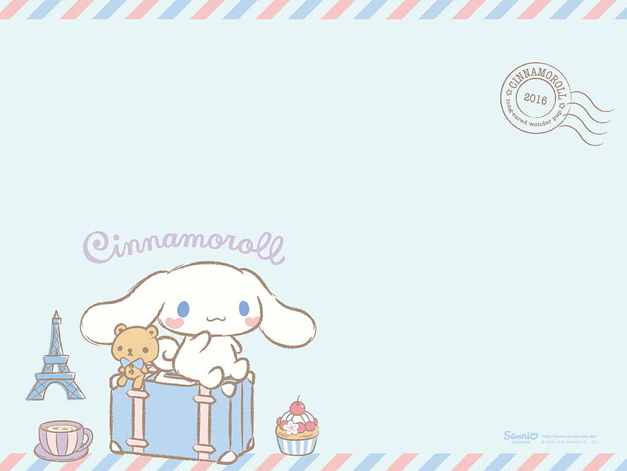 Cinnamoroll Sitting on Blue Suitcase with Teddy Bear and Parisian Café Scene HD wallpaper