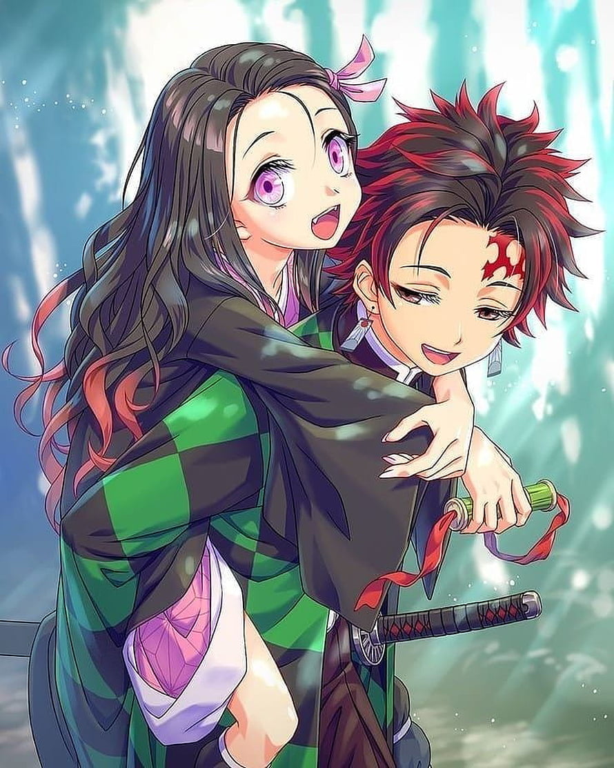 Tanjiro Kamado and Nezuko Karakoto Embracing in Demon Slayer Anime Art HD phone wallpaper