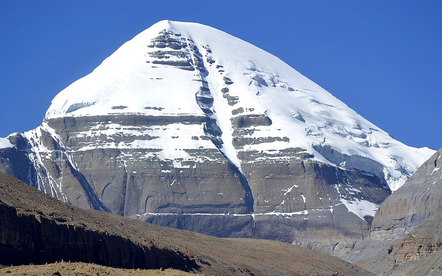 Mount Kailash Snow-Capped Peak in Tibet Under a Clear Blue Sky HD wallpaper