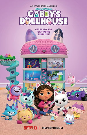 Gabby's Dollhouse Netflix Series Poster Featuring DreamWorks Cat Characters and Playhouse HD phone wallpaper