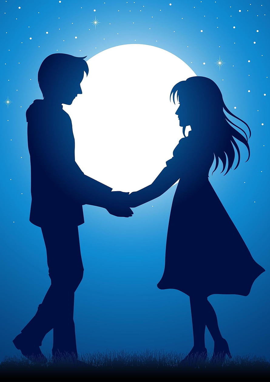 Romantic Anime Couple Silhouette Holding Hands Under a Full Moon in a Starry Night Sky HD phone wallpaper