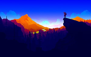 Hiker Silhouette on Cliff Edge Overlooking Vibrant Sunset Mountain Landscape HD wallpaper