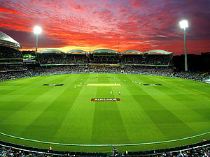 Adelaide Oval Cricket Stadium at Sunset with Vibrant Red Sky and Floodlights HD wallpaper