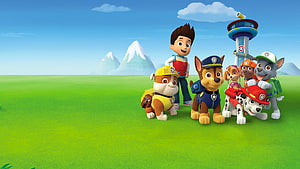 Paw Patrol Team Group Photo with Ryder and Lookout Tower HD wallpaper
