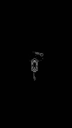 Minimalist White Line Art Rocket Ship Launching Into Space With Comet On Black Background HD phone wallpaper