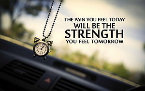 Vintage Alarm Clock Necklace Hanging In Car With Motivational Quote About Strength HD wallpaper