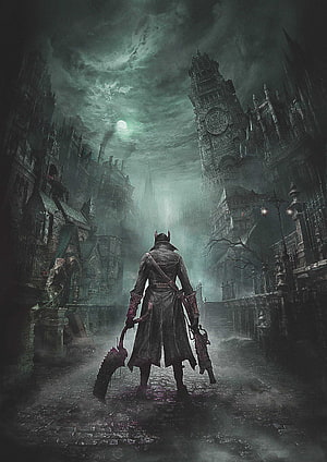Dark Fantasy Warrior in Gothic City with Moonlit Sky and Clock Tower HD phone wallpaper