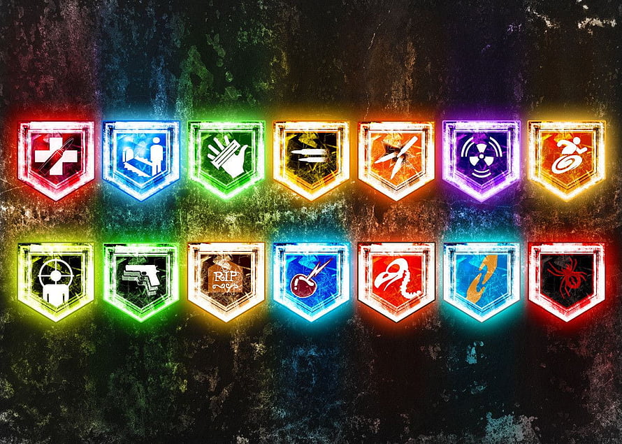 Call of Duty Zombies Perks Icons Grid on Dark Grunge Background HD wallpaper