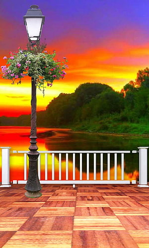 Romantic Sunset Lake View With Wooden Deck And Flower Lamp Post, Studio Backgrounds By MaFia, studio backgrounds HD phone wallpaper