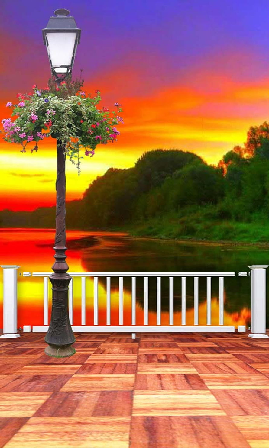 Romantic Sunset Lake View With Wooden Deck And Flower Lamp Post, Studio Backgrounds By MaFia, studio backgrounds HD phone wallpaper