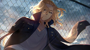 Anime Character With Blonde Hair Wearing Dark Jacket Near Chain Link Fence HD wallpaper