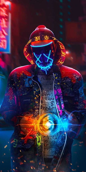 Cyberpunk Hacker with Neon LED Mask and Glowing Energy Orb in Dark Urban Setting HD phone wallpaper
