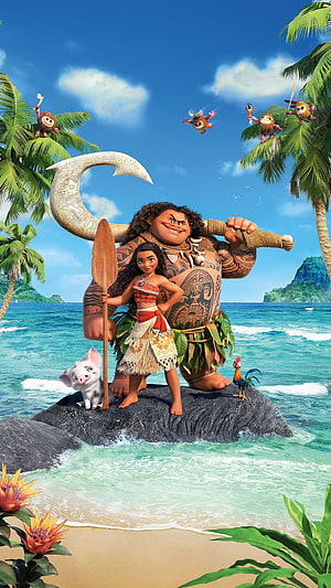 Moana and Maui on a tropical beach with Pua, Heihei, and the Kakamora in a vibrant Disney animated scene HD phone wallpaper