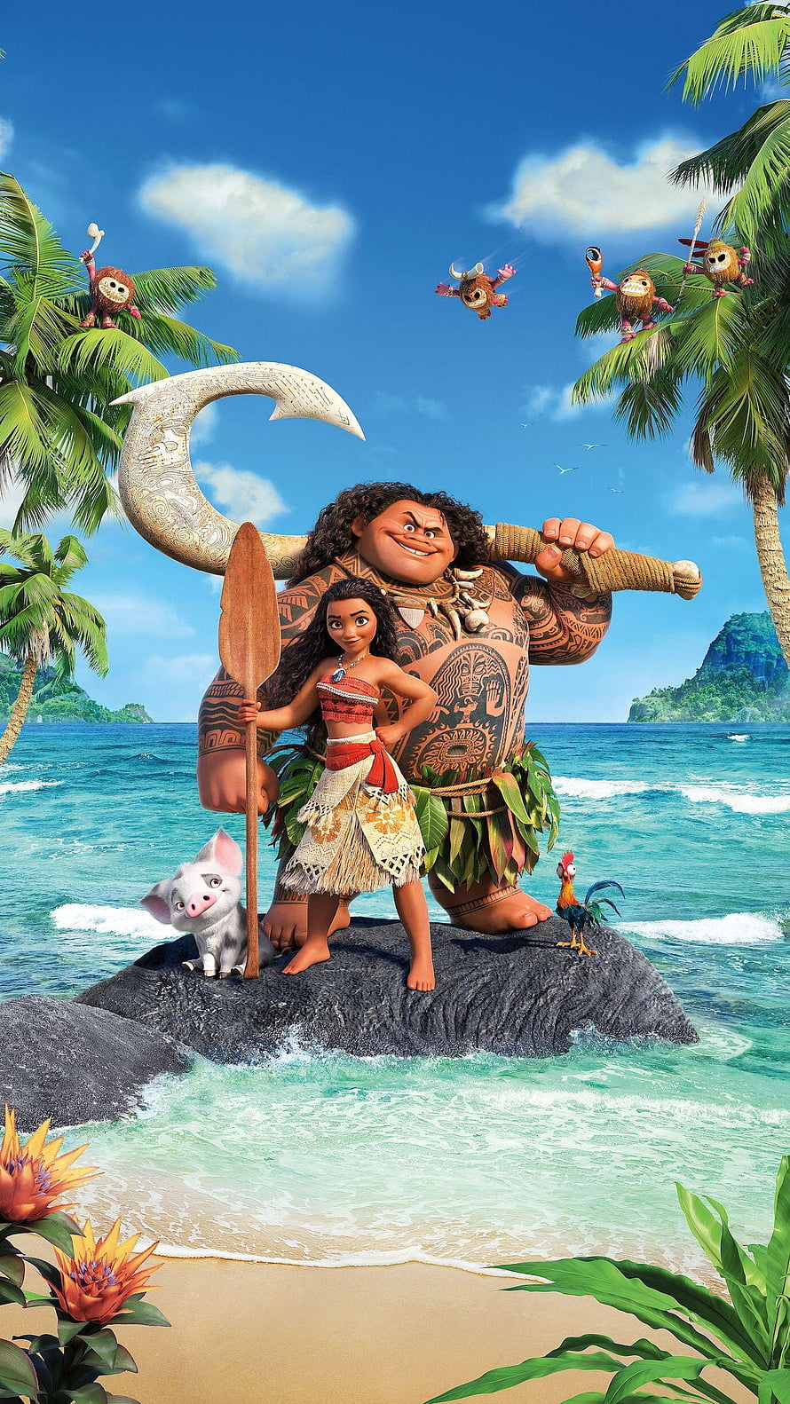 Moana and Maui on a tropical beach with Pua, Heihei, and the Kakamora in a vibrant Disney animated scene HD phone wallpaper