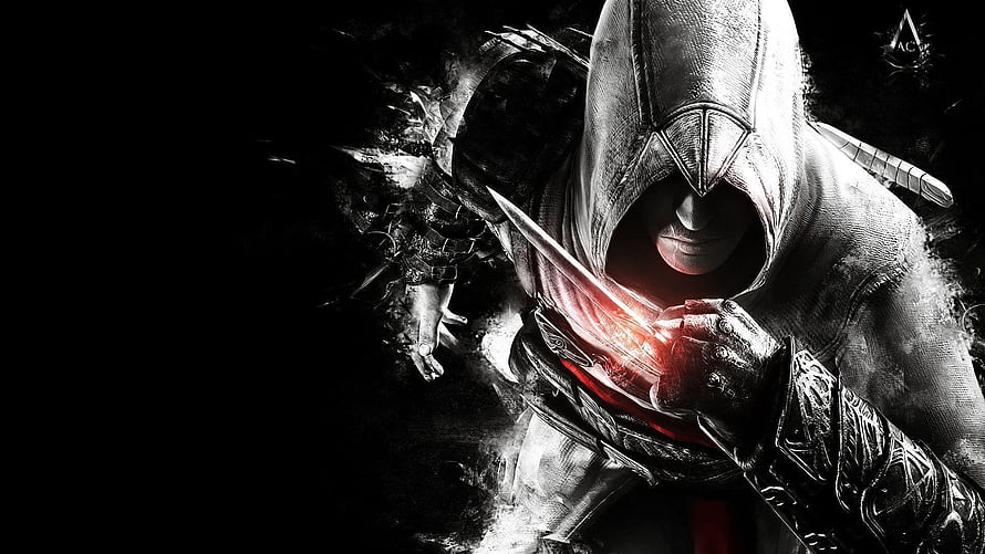 Assassin's Creed Hooded Assassin Holding Glowing Blade in Dark Monochrome Style HD wallpaper