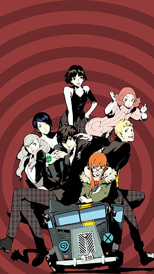 Persona 5 Phantom Thieves Group Artwork on Van Against Red Swirl Background HD phone wallpaper