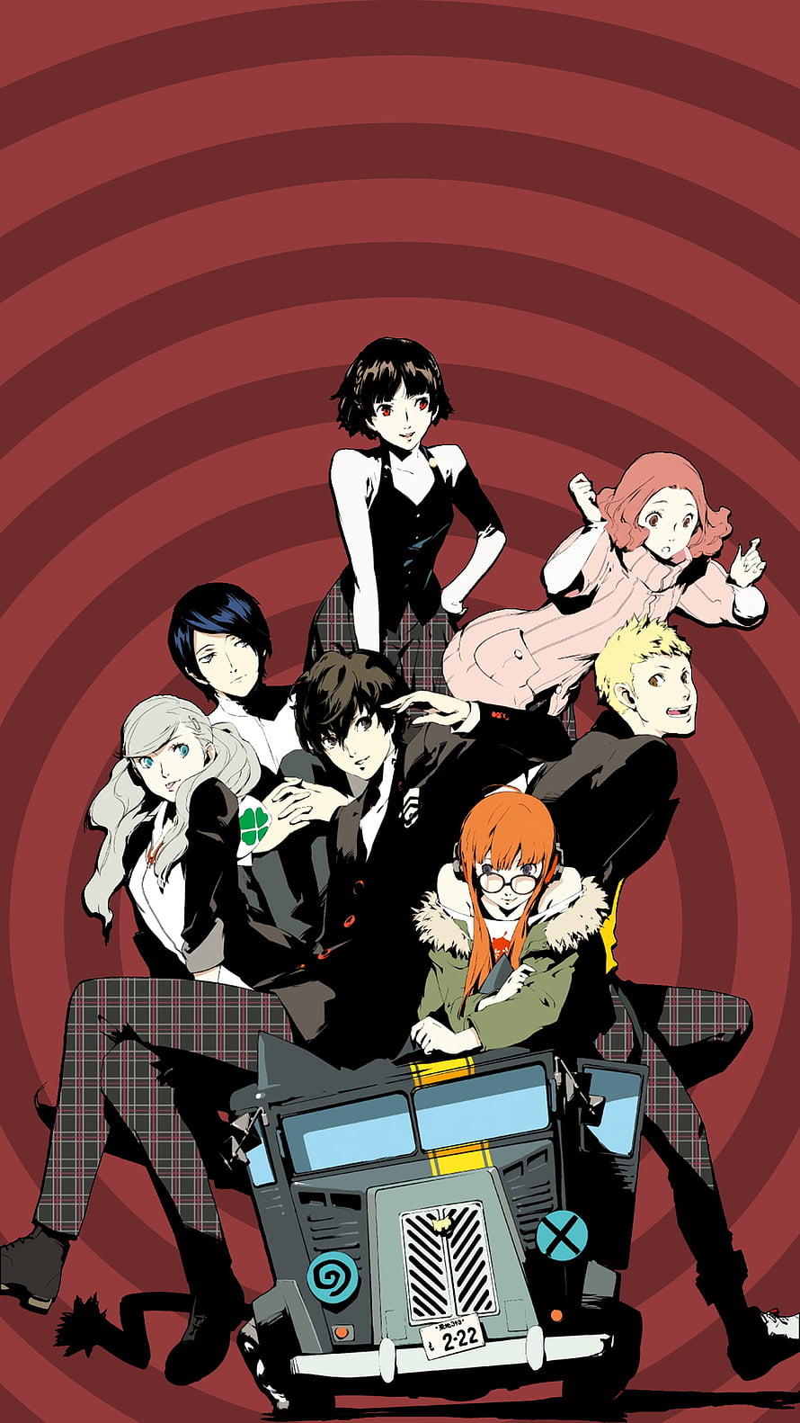 Persona 5 Phantom Thieves Group Artwork on Van Against Red Swirl Background HD phone wallpaper