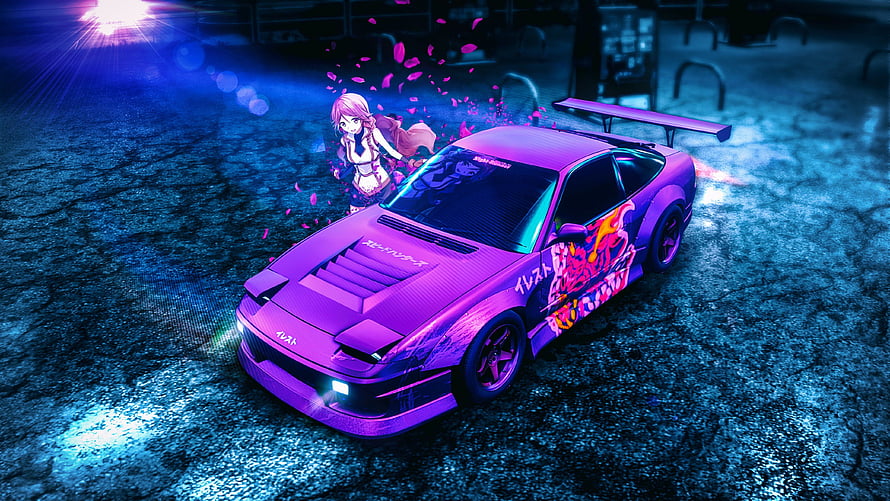 Purple Drift Car with Anime Character and Neon Petals in Night Scene HD wallpaper