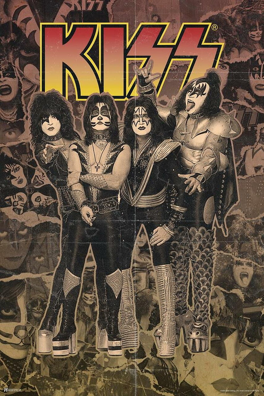 Kiss Band Vintage Concert Poster Art Print with Classic Rock Makeup and Stage Costumes HD phone wallpaper