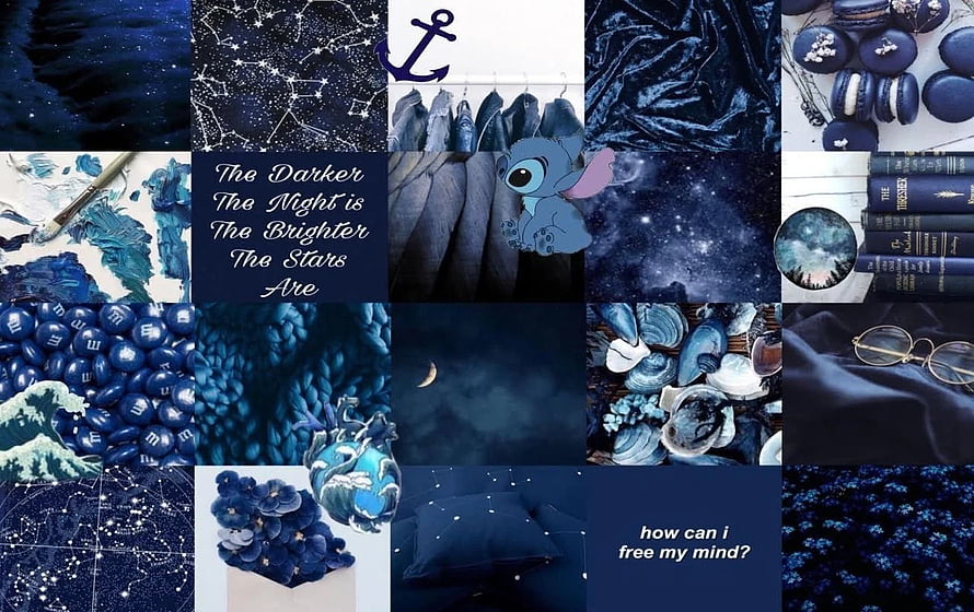 Dark Blue Aesthetic Collage Featuring Stitch, Constellations, and Night Sky Elements HD wallpaper
