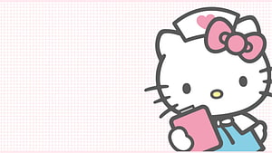 Cute Hello Kitty Nurse Holding Pink Tablet on Soft Pastel Background HD wallpaper