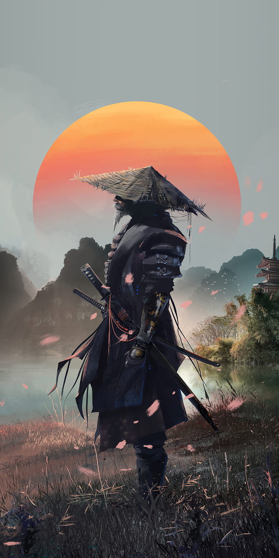 Samurai Warrior With Straw Hat And Katana Against Giant Sunset HD phone wallpaper