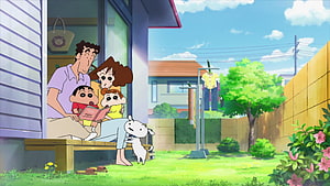 Crayon Shin-chan Family Relaxing on Porch with Shiro in Sunny Backyard HD wallpaper